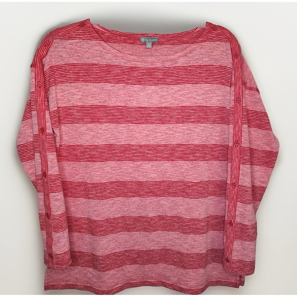 T by Talbots Women's Pink Red Striped Long Sleeve Top Small Petite Casual
